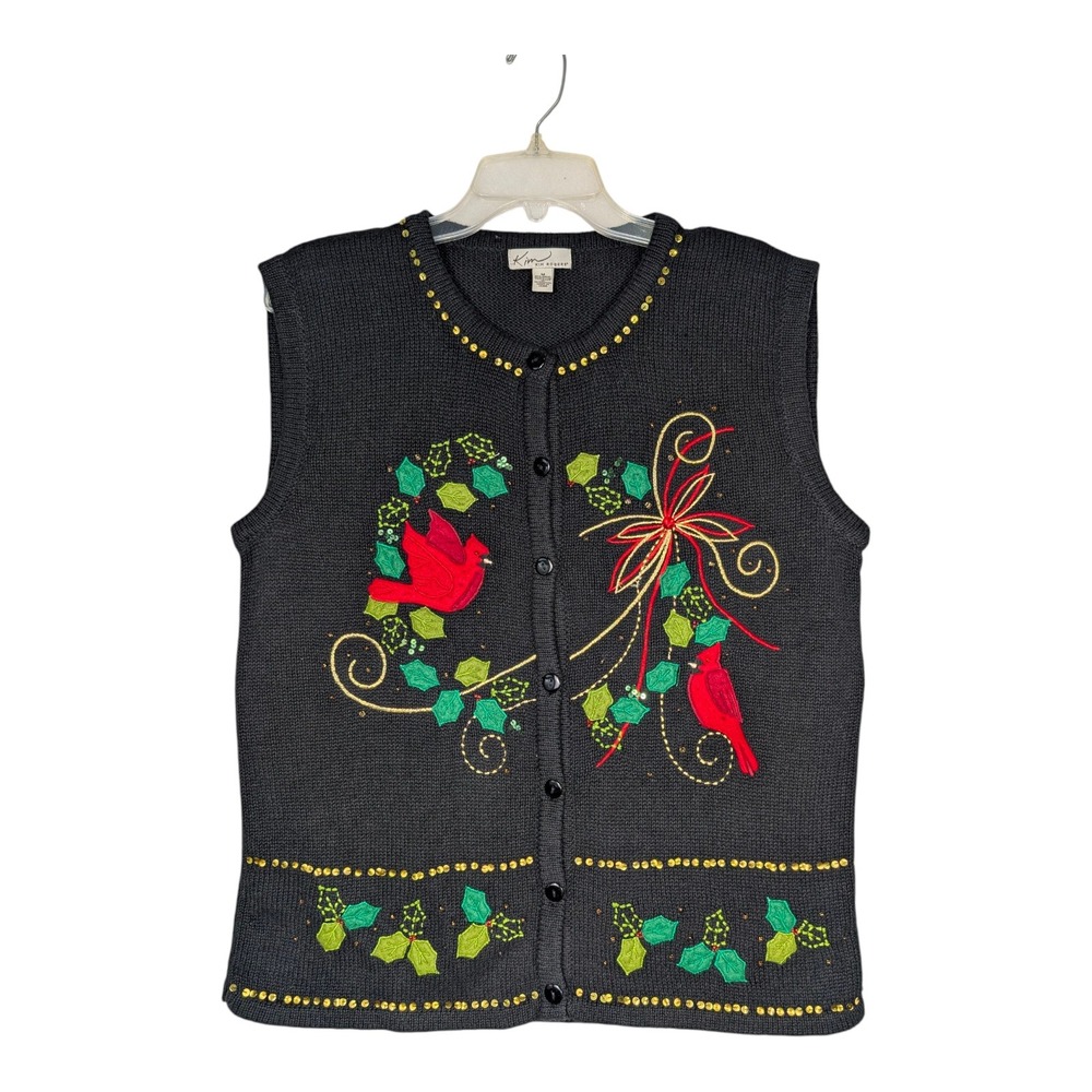 M Kim Rogers Womens Cardigan Vest Black‎ Holiday Cardinal Bird Christmas Sweater
